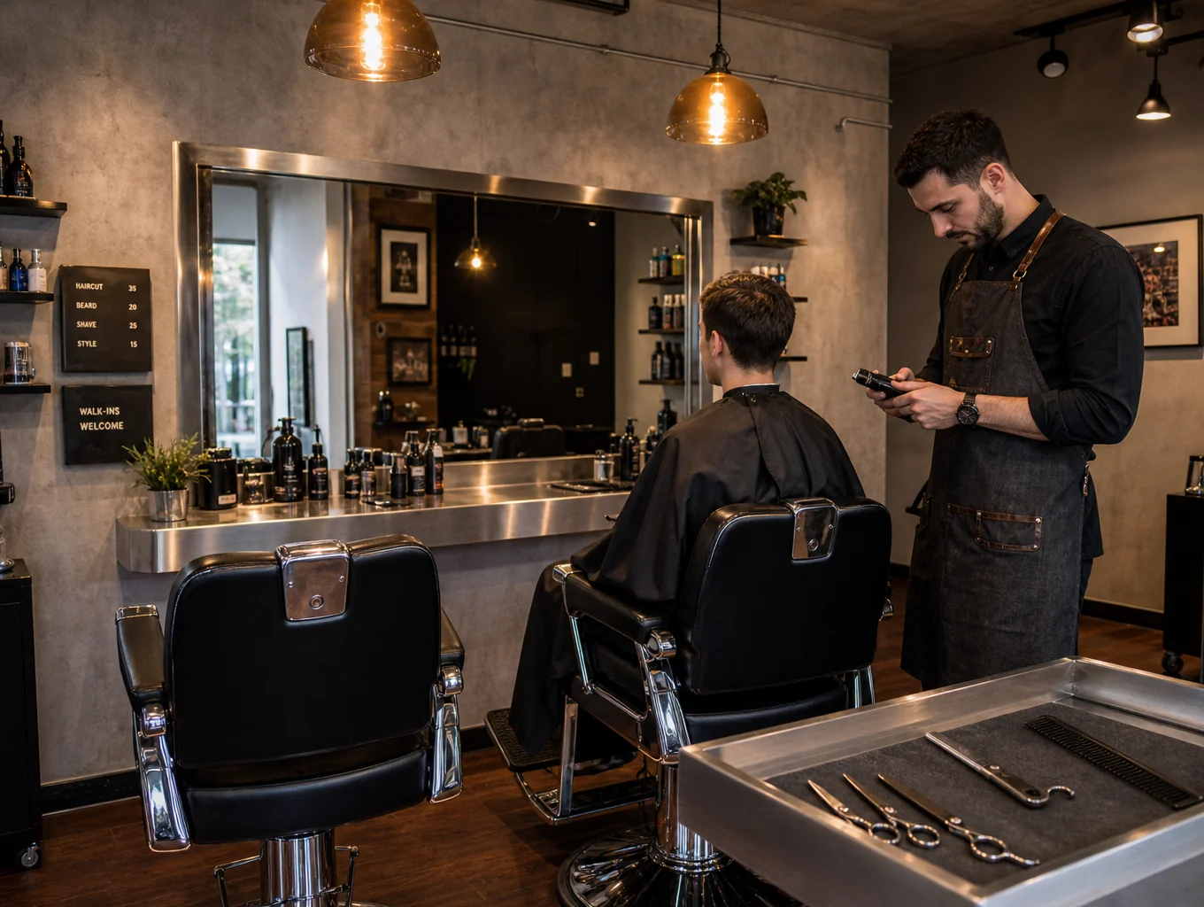 Barber styling haircut with precision tools at Harry's Barbershop