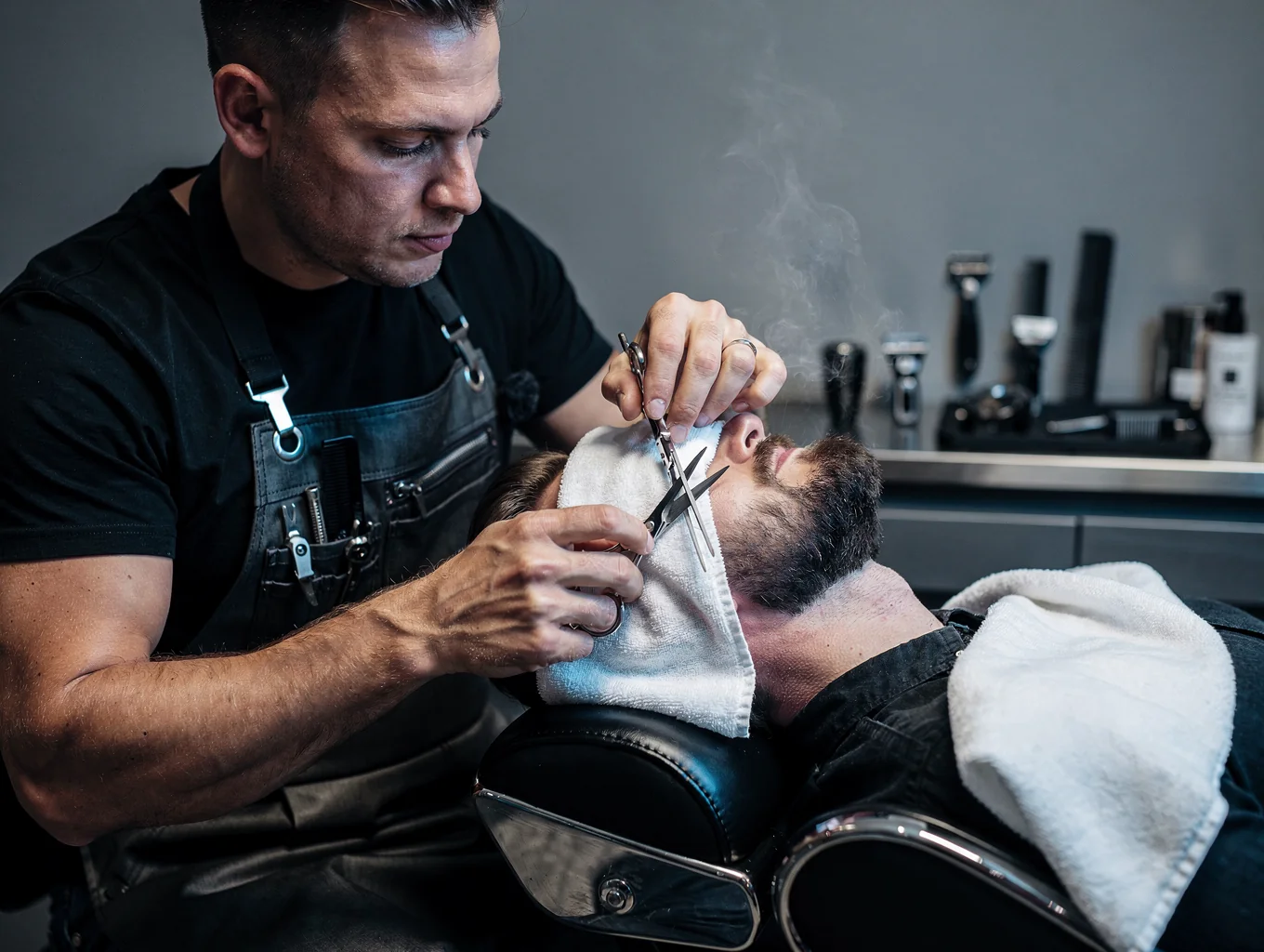 Barber providing a haircut and shave