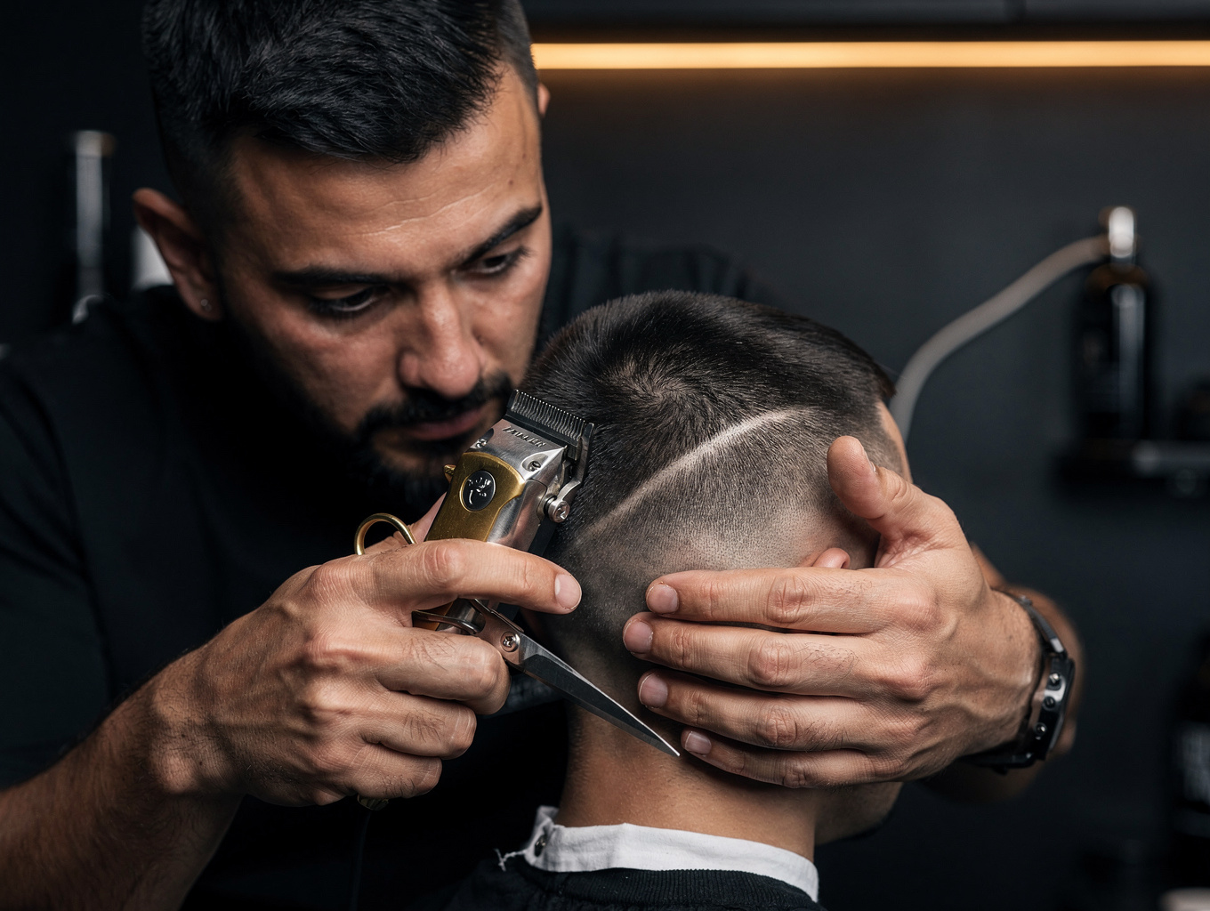 Barber detailing a skin fade and beard
