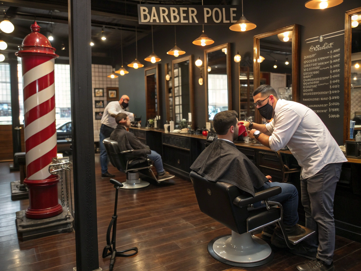 Barbers working on a client in the shop